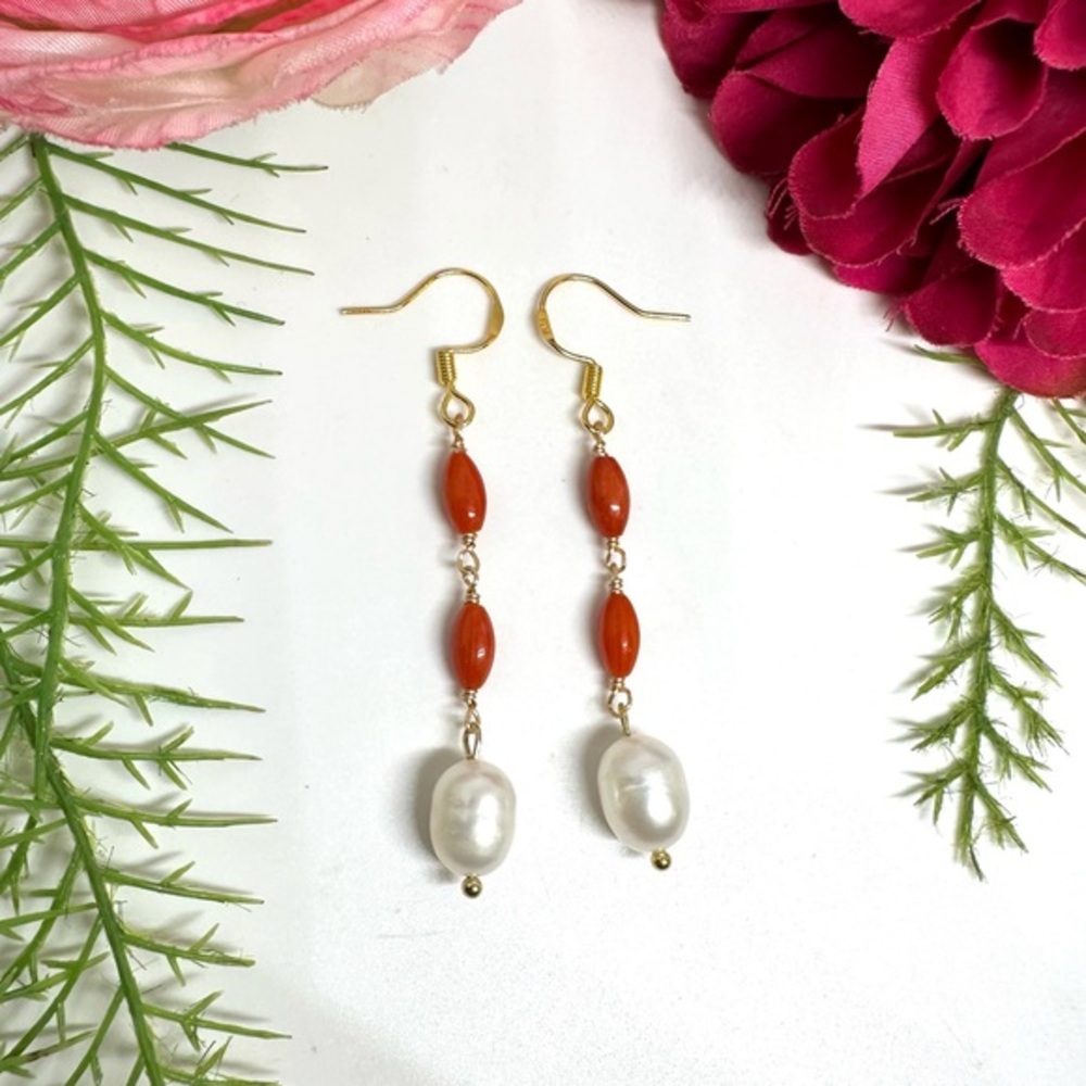 NEW⚜️Natural Coral & Freshwater Pearl Beaded Earrings